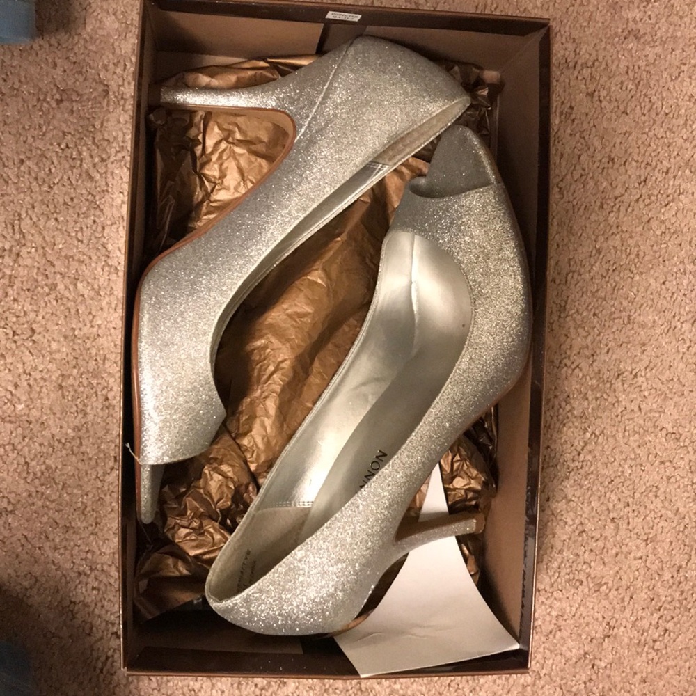 Michael Shannon Sparkling Silver Open-Toe Heels - image 5